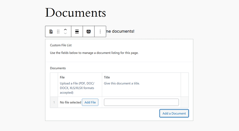 The File List block has been added to a page.