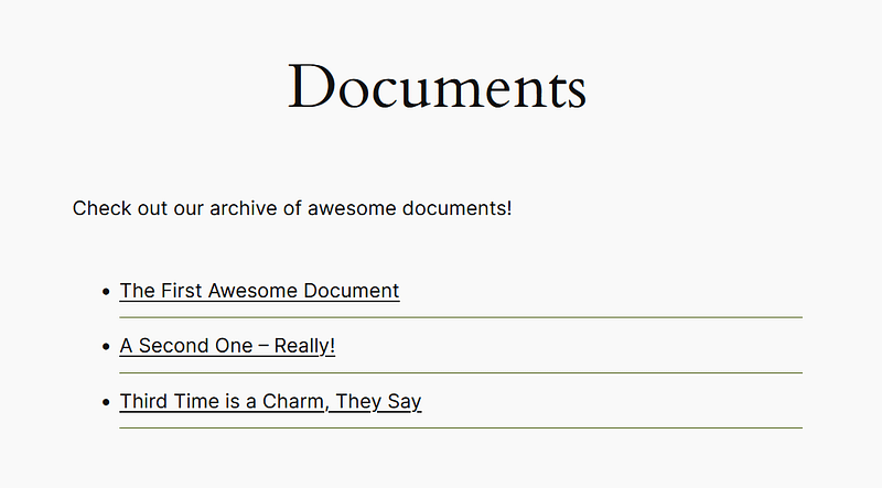 The File List block displayed on the front end of the website