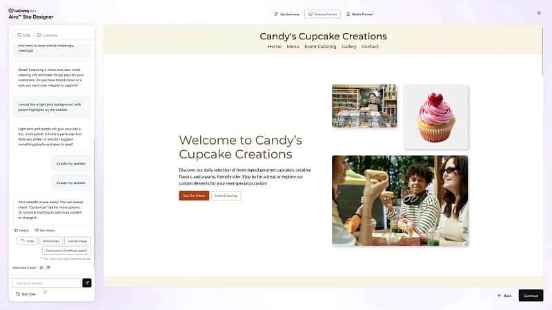 Airo provides a website preview with options to customize your website.