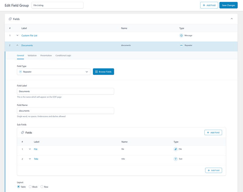 A Repeater field in Advanced Custom Fields PRO